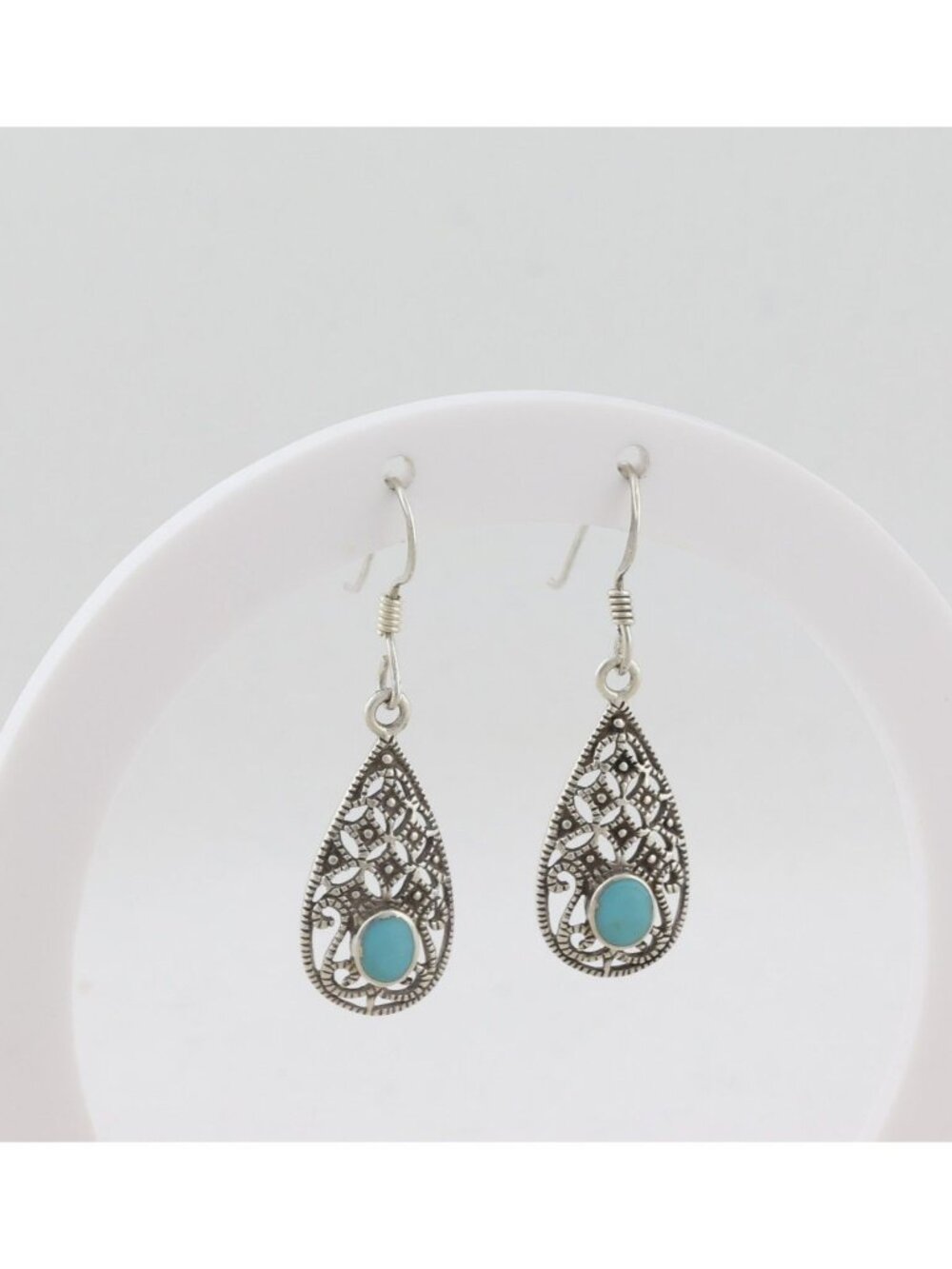 Sterling Silver Turquoise Earrings Dangle Drop 1 3/8" x 3/8" - Picture 6 of 7